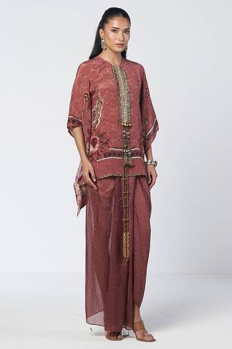 Mocha brown embroidered crepe and organza co ord set