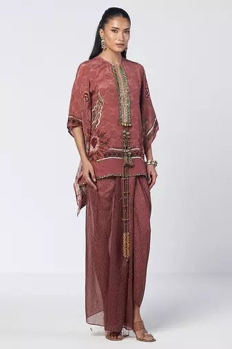 Mocha brown embroidered crepe and organza co ord set