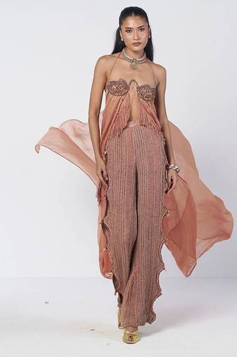 Biscoff peach embroidered organza and shredded cotton co ord set