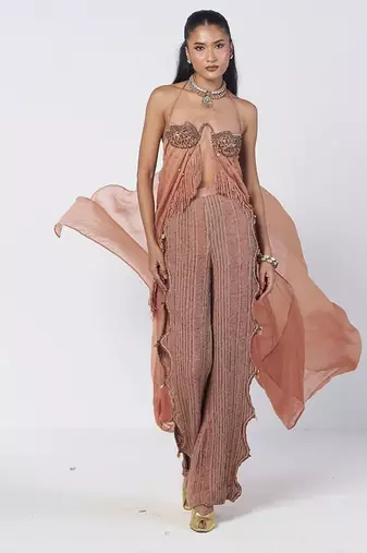 Biscoff peach embroidered organza and shredded cotton co ord set