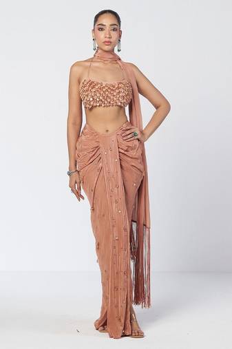 Biscoff peach embroidered crepe drape skirt set