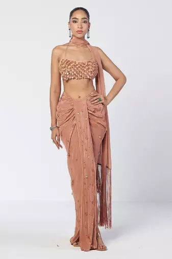 Biscoff peach embroidered crepe drape skirt set