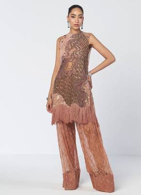 Biscoff peach embroidered organza and net kurta set 1