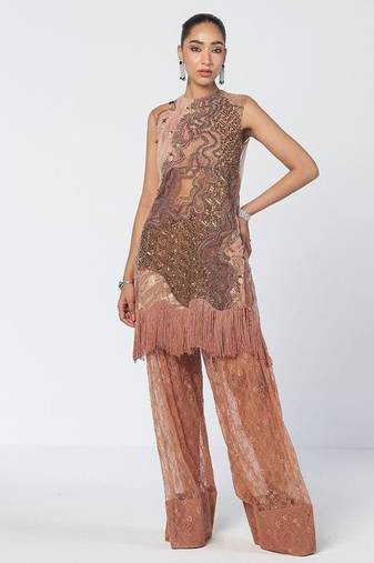 Biscoff peach embroidered organza and net kurta set