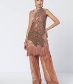 Biscoff peach embroidered organza and net kurta set