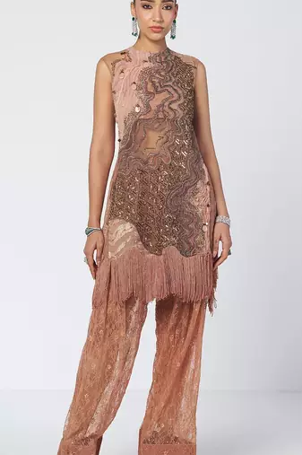 Biscoff peach embroidered organza and net kurta set
