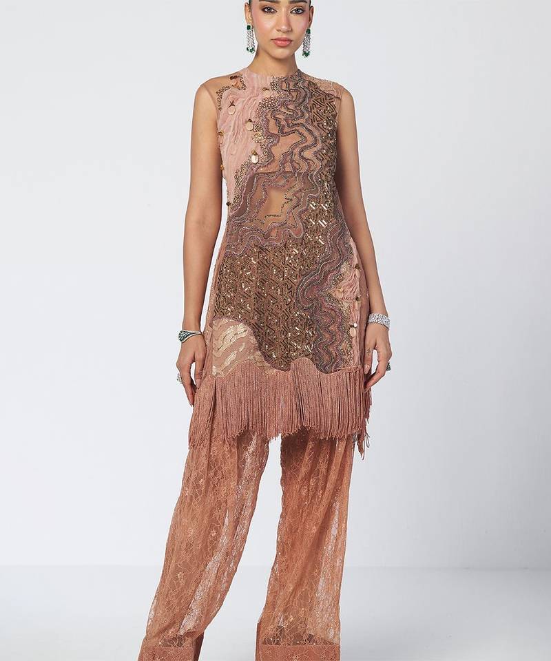Biscoff peach embroidered organza and net kurta set