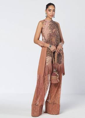 Biscoff peach embroidered organza and net kurta set 3