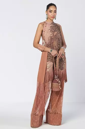 Biscoff peach embroidered organza and net kurta set