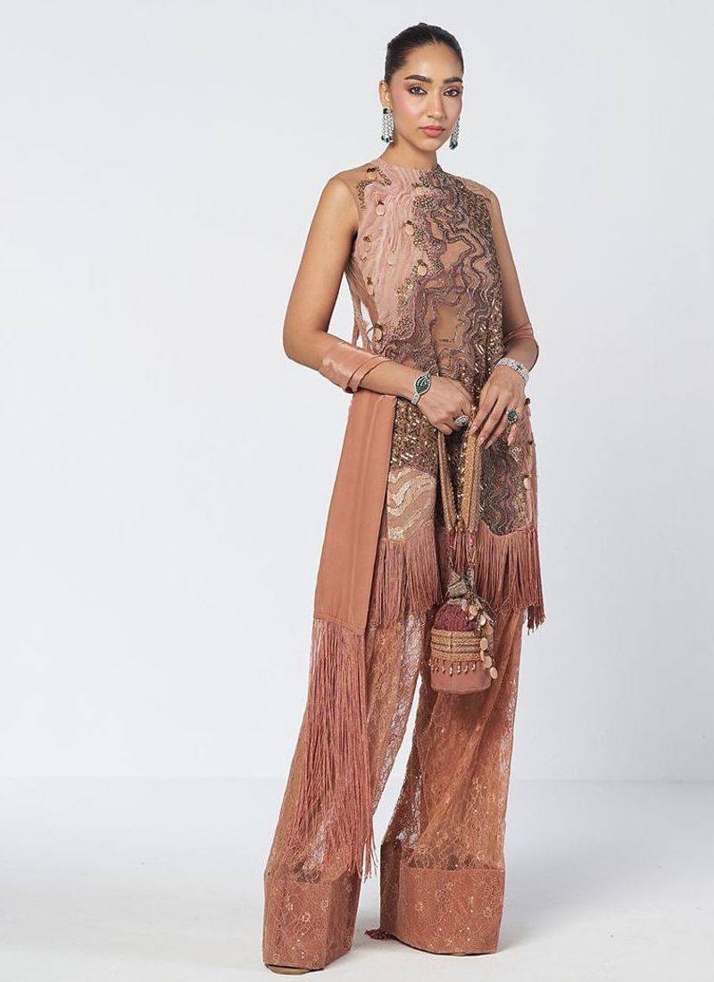 Biscoff peach embroidered organza and net kurta set