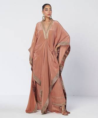 Biscoff peach embroidered crepe kaftan and pant 1