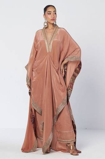 Biscoff peach embroidered crepe kaftan and pant