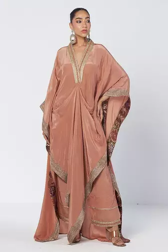 Biscoff peach embroidered crepe kaftan and pant