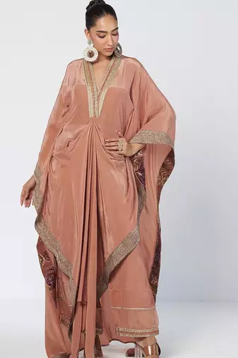 Biscoff peach embroidered crepe kaftan and pant
