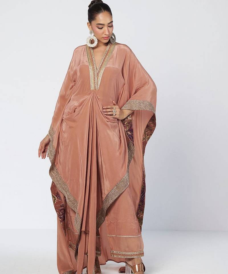 Biscoff peach embroidered crepe kaftan and pant