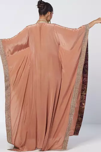 Biscoff peach embroidered crepe kaftan and pant