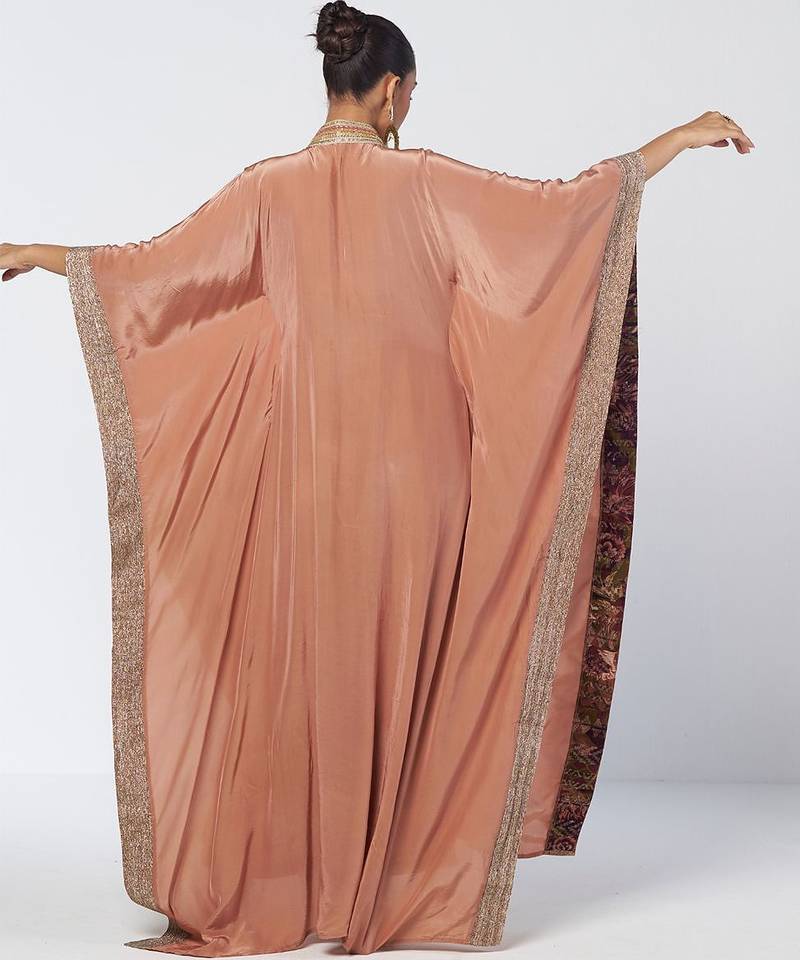 Biscoff peach embroidered crepe kaftan and pant