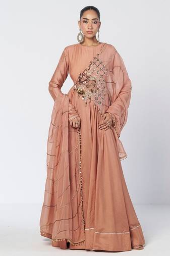 Biscoff peach embroidered chanderi silk and organza anarkali with dupatta