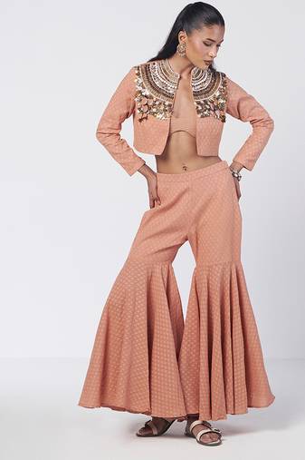 Biscoff peach embroidered cotton jacket co ord set
