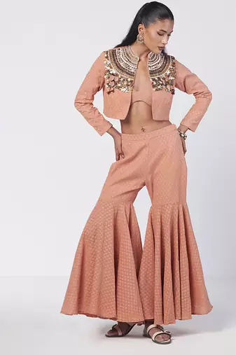 Biscoff peach embroidered cotton jacket co ord set