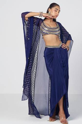 Blue embroidered crepe organza and georgette drape skirt set