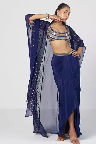 Blue embroidered crepe organza and georgette drape skirt set