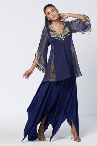 Blue embroidered crepe and tissue silk chanderi jacket co ord set