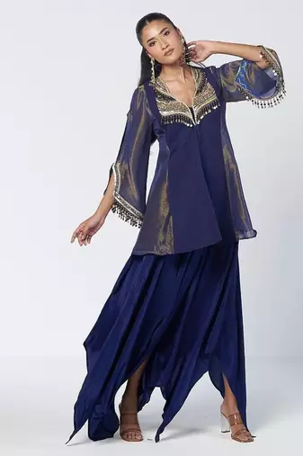 Blue embroidered crepe and tissue silk chanderi jacket co ord set