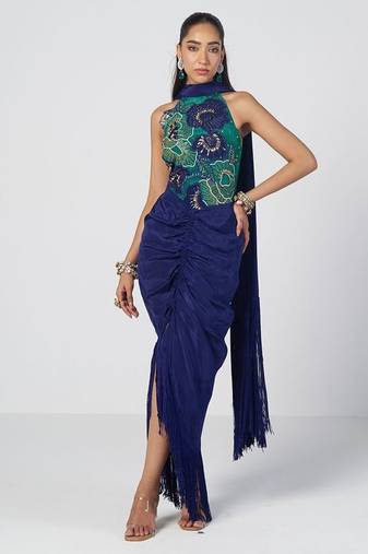 Green and blue embroidered crepe and lycra net drape skirt set