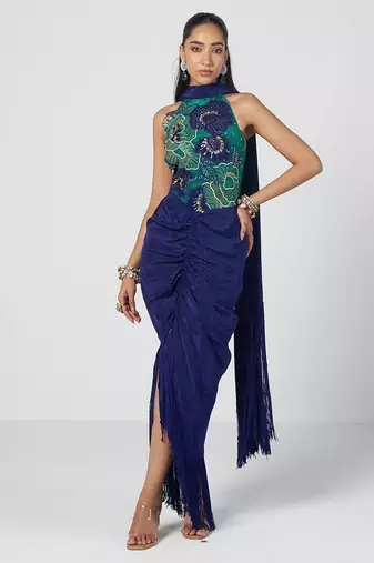 Green and blue embroidered crepe and lycra net drape skirt set