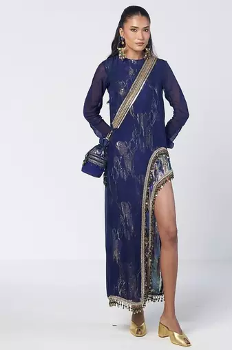 Blue embroidered georgette jacquard and organza dress