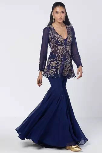 Blue embroidered crepe and organza jacket sharara set