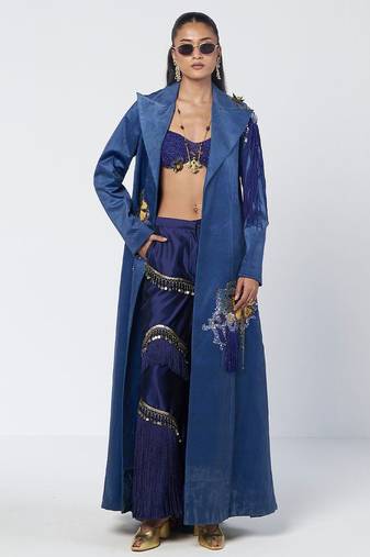 Blue embroidered velvet net and silk chanderi trench coat set