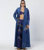 Blue embroidered velvet net and silk chanderi trench coat set