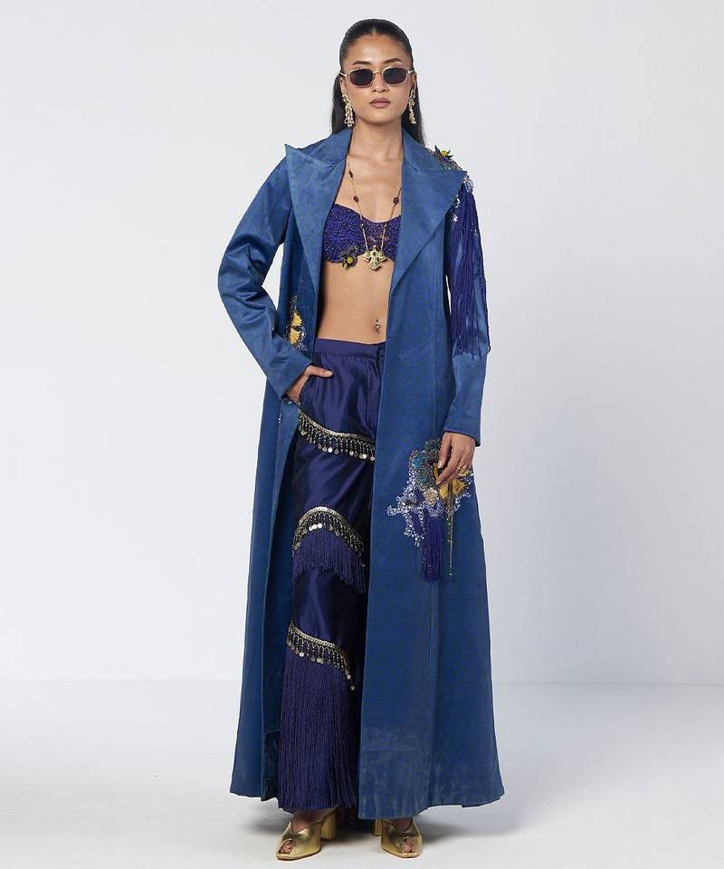 Blue embroidered velvet net and silk chanderi trench coat set