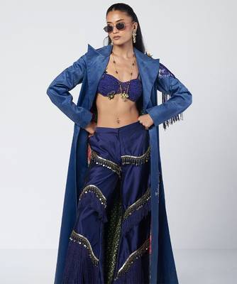 Blue embroidered velvet net and silk chanderi trench coat set 2