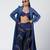 Blue embroidered velvet net and silk chanderi trench coat set