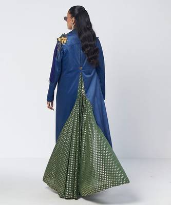 Blue embroidered velvet net and silk chanderi trench coat set 3