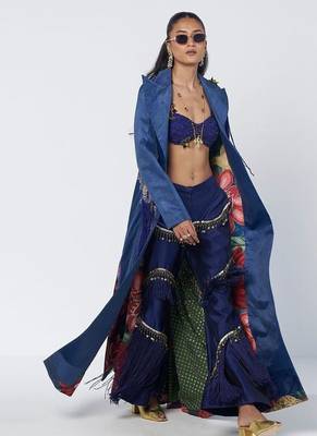 Blue embroidered velvet net and silk chanderi trench coat set 4