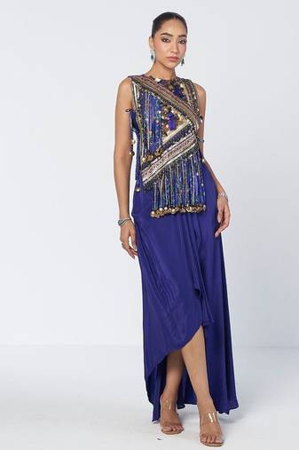 Blue embroidered crepe and cotton jacquard drape skirt set