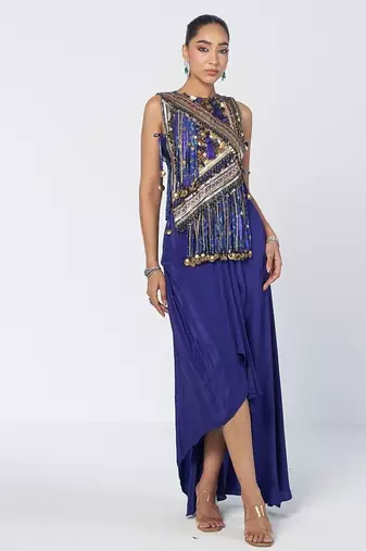 Blue embroidered crepe and cotton jacquard drape skirt set