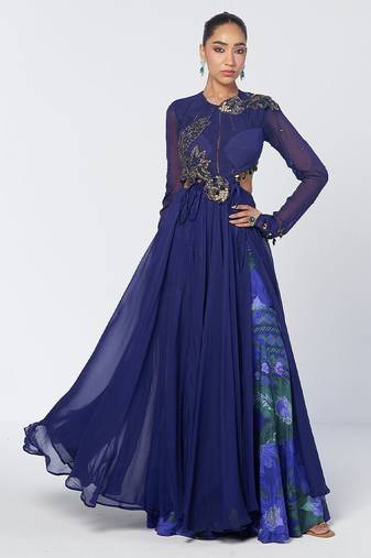 Blue embroidered organza and crepe anarkali and pant