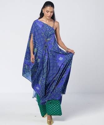 Blue embroidered crepe and georgette jacquard kaftan and salwar set 1