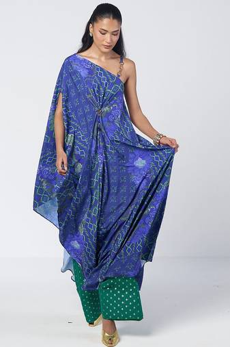 Blue embroidered crepe and georgette jacquard kaftan and salwar set