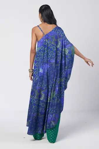 Blue embroidered crepe and georgette jacquard kaftan and salwar set