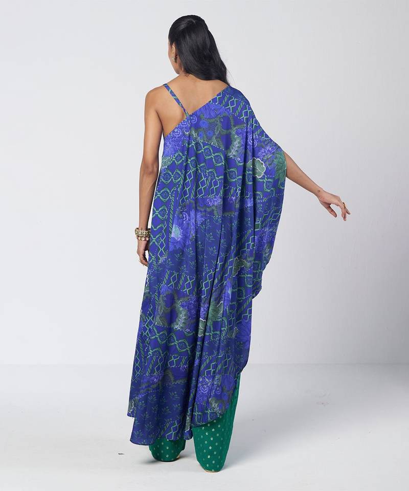 Blue embroidered crepe and georgette jacquard kaftan and salwar set