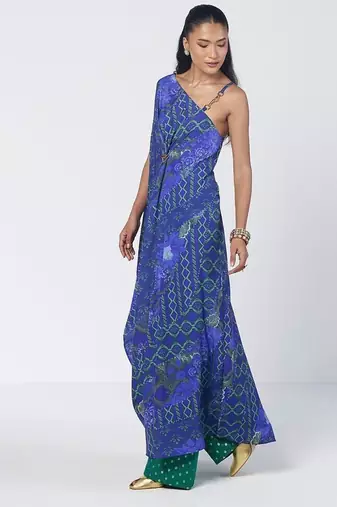 Blue embroidered crepe and georgette jacquard kaftan and salwar set