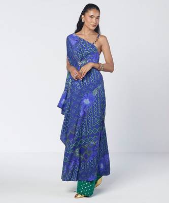 Blue embroidered crepe and georgette jacquard kaftan and salwar set 4