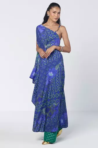 Blue embroidered crepe and georgette jacquard kaftan and salwar set