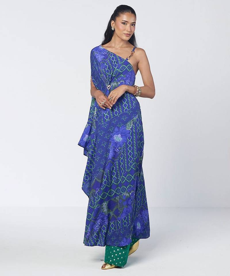 Blue embroidered crepe and georgette jacquard kaftan and salwar set